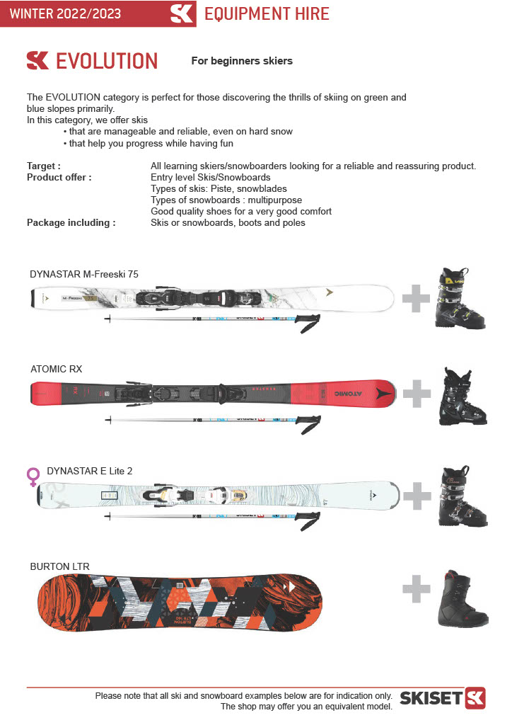 Skiset skis and board from the Evolution category