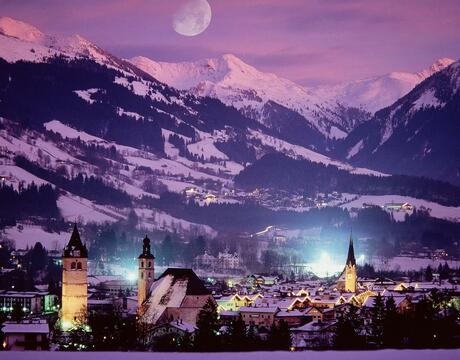 Hotels in Kitzbuhel - a night time view of the resort